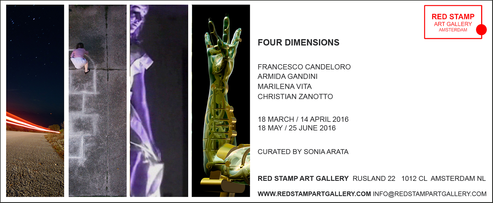 four dimensions,francsco candeloro,armida gandini,marilena vita,christian zanotto,collective exhibition,sonia arata,red stamp art gallery,amsterdam